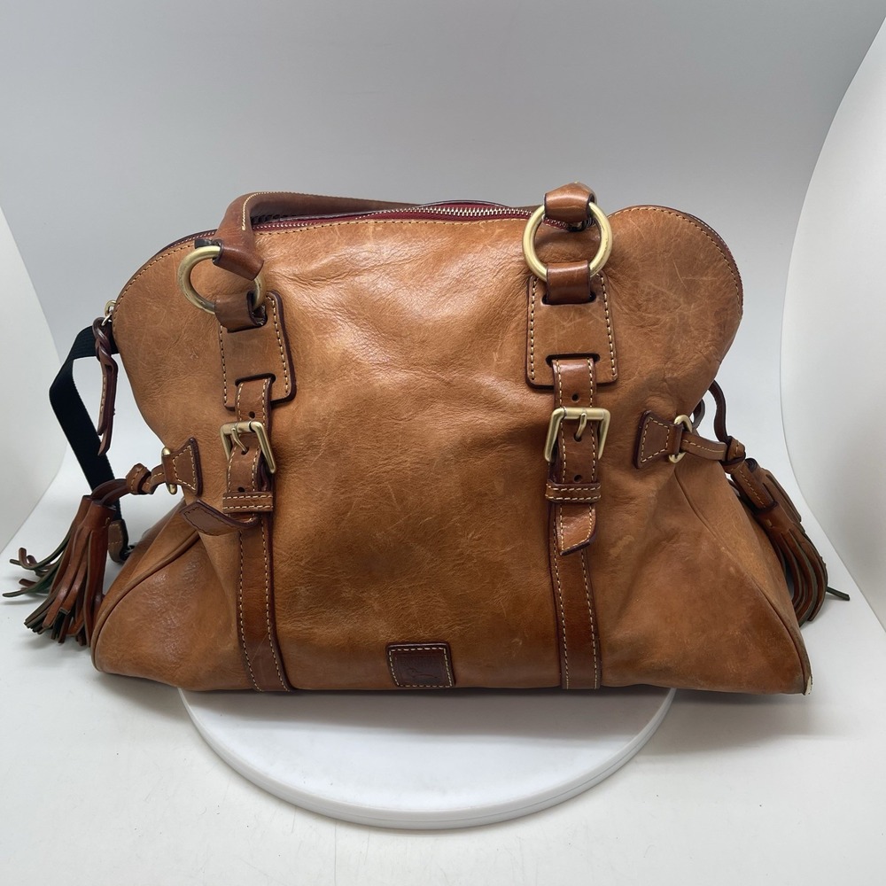 Dooney & Bourke Tan Florentine Leather Large Satchel Bag Braided Handles Tassels